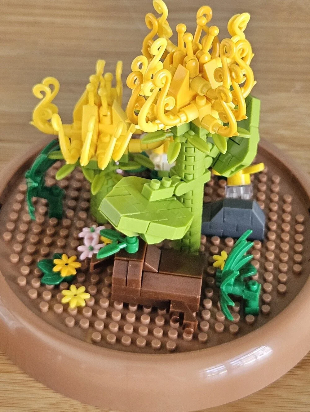 Glass Dome Terrarium with Yellow Floral Accent Bricks No Instructions Assembeled